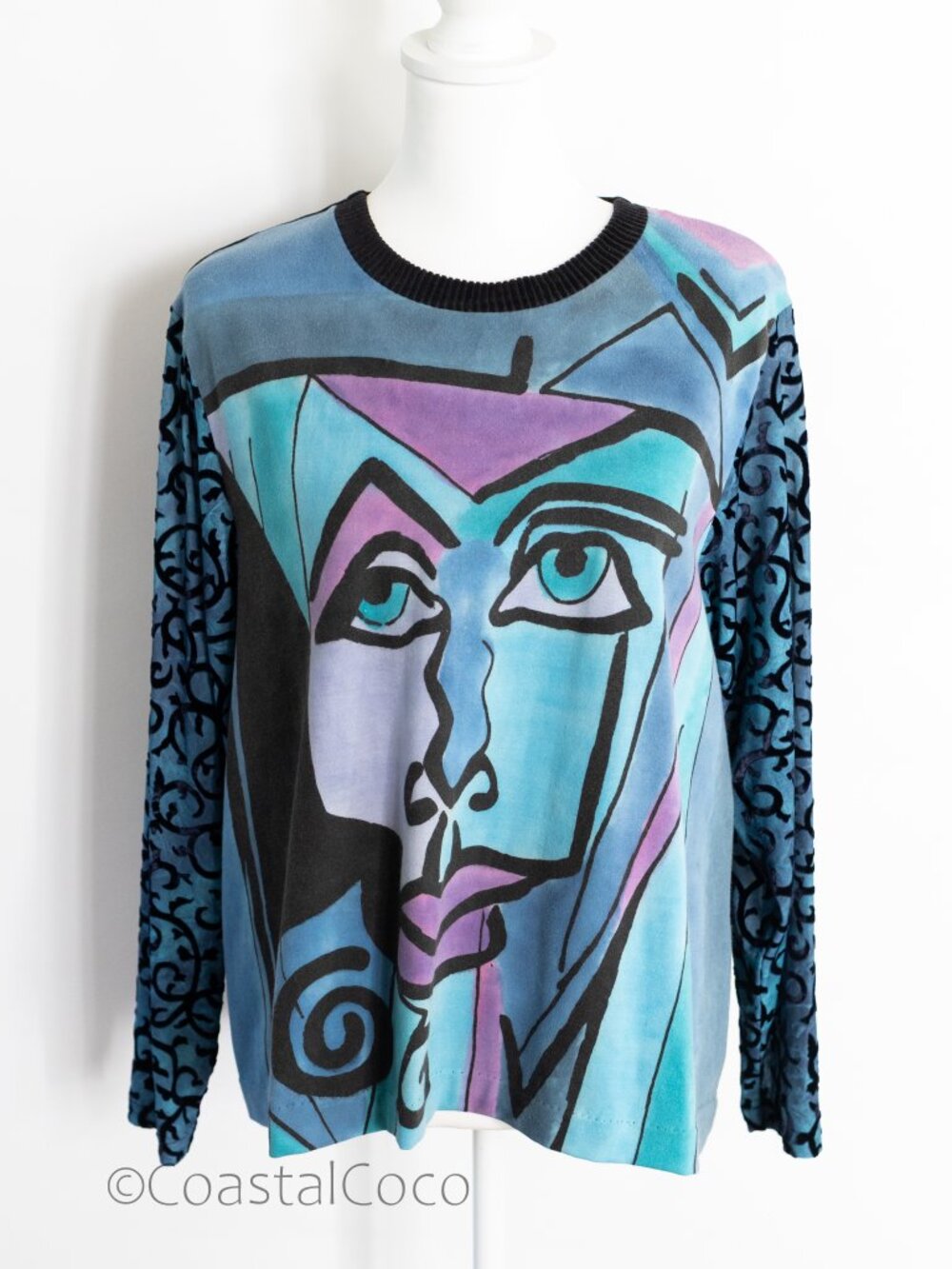 VTG Ahni Wearable Art Size 2 (L) Sweater Top Handmade Burnout Velvet Sleeves